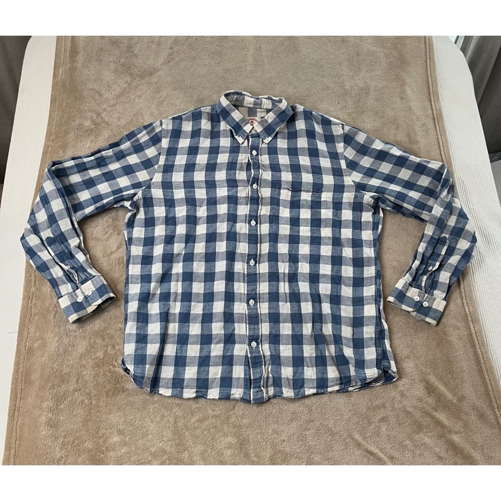 Brooks Brothers Red Fleece Shirt Men XL Blue Check Linen Blend Button Down L/S